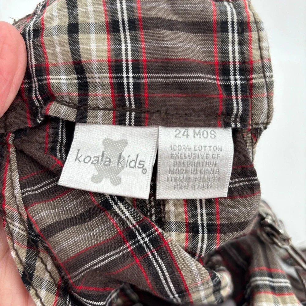 Koala Kids Plaid Shortalls Kids 24M Brown Good Cargo Pockets Cotton Snap‎ Inseam